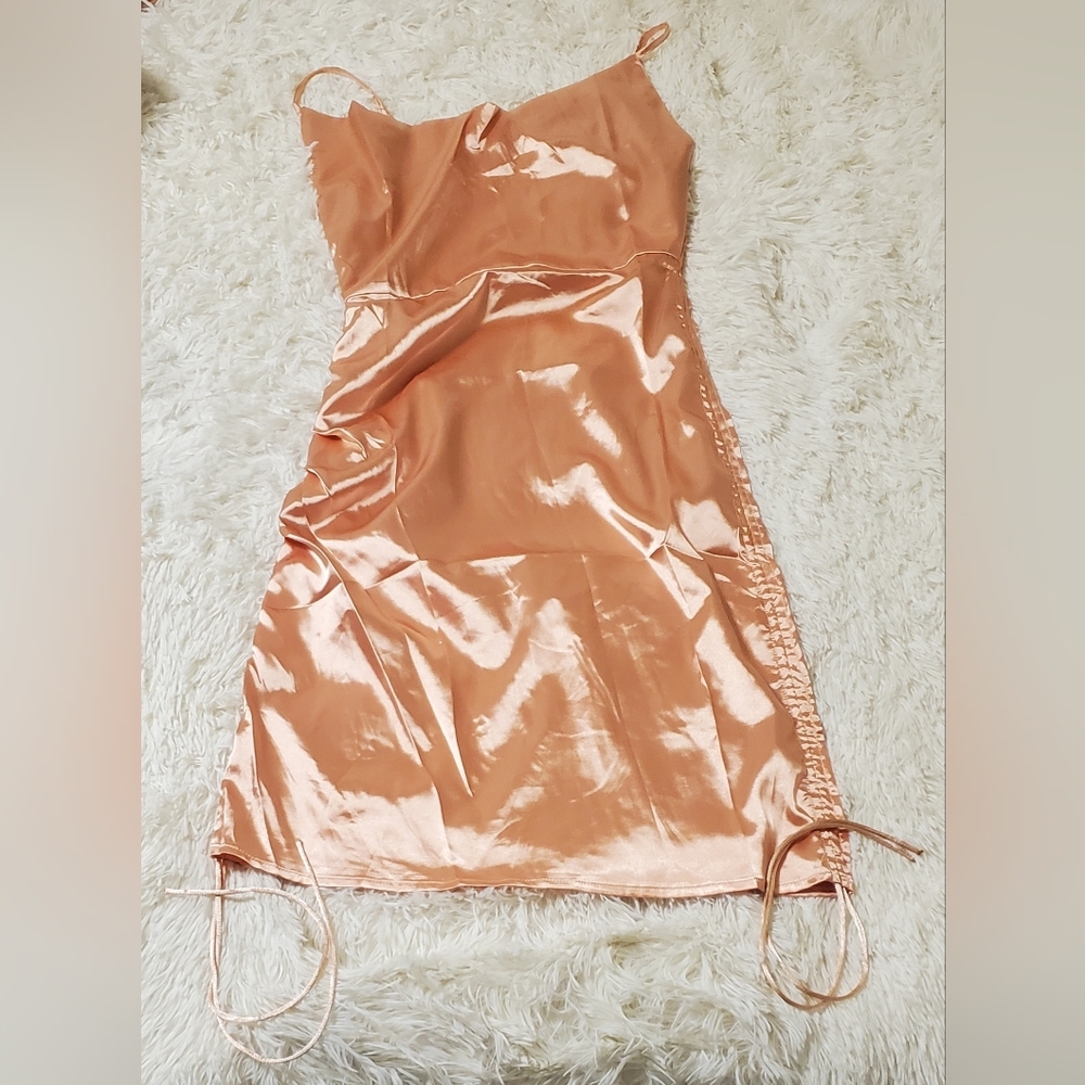 Satin Peach Strappy Slip Mini Dress, Womens Small w/ Cinched Drawstring Sides